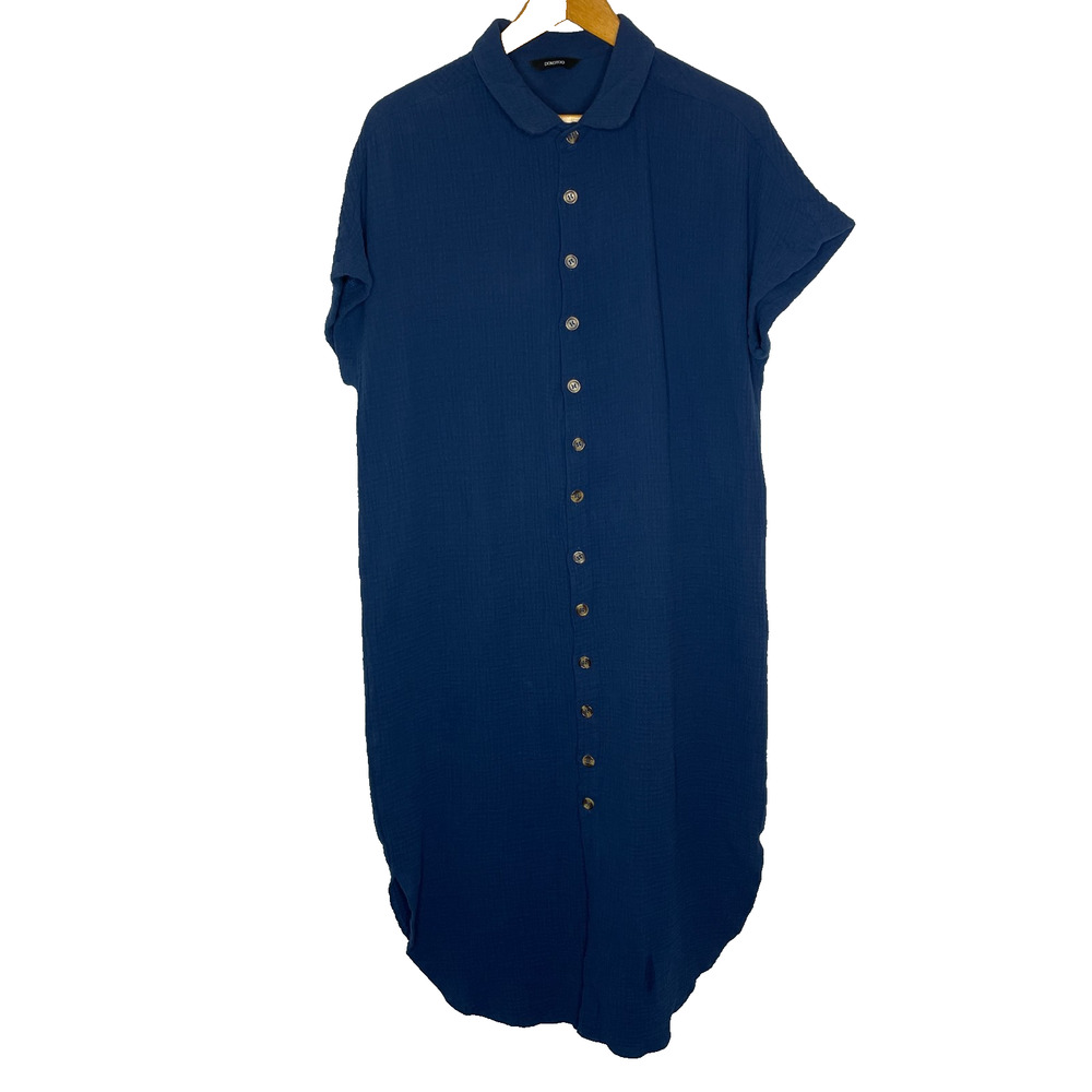 Women's Large Dokotoo Navy Blue Gauze Button Down Shirt Dress Midi